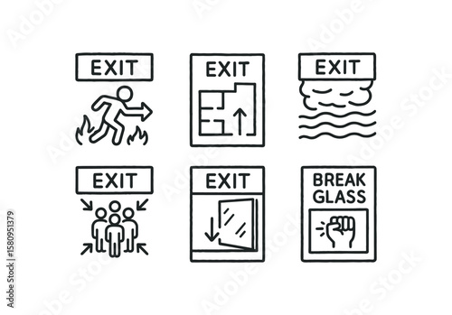 hand drawn cute doodle style isolated eit fire escape route eit evacuation plan eit smoke curtain eit assembly area sign eit egress window eit break glass point