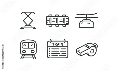 hand drawn cute doodle style isolated train pantograph collector train sleeper tie train overhead wire train control cabin train timetable board train conductor whistle