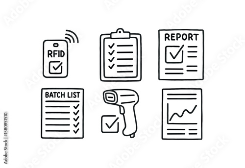 hand drawn cute doodle style isolated inventory checking RFID tag inventory checking clipboard form inventory checking report generator inventory checking batch list inventory checking QC