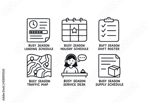 hand drawn cute doodle style isolated busy season loading schedule busy season holiday schedule busy season roster busy season traffic map busy season service desk busy season supply