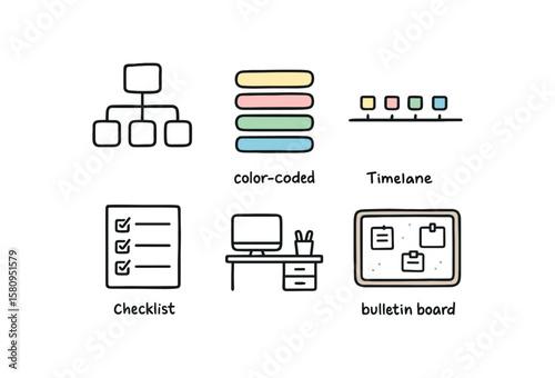 hand drawn cute doodle style isolated organization org chart tree organization color coded labels organization time chart organization checklist template organization workspace layout