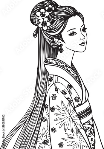 Graceful woman in traditional attire illustrated in delicate hand-drawn style, ideal for heritage and fashion themes.