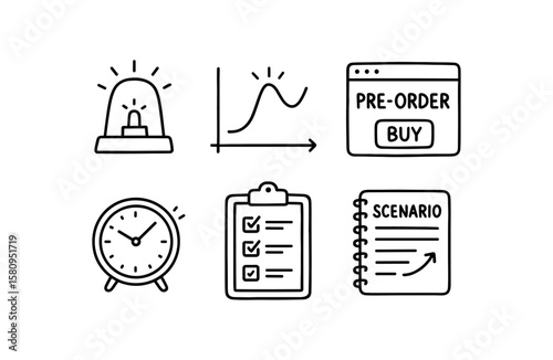 hand drawn cute doodle style isolated anticipation alert beacon anticipation pictive model graph anticipation pre order window anticipation time to event clock anticipation readiness