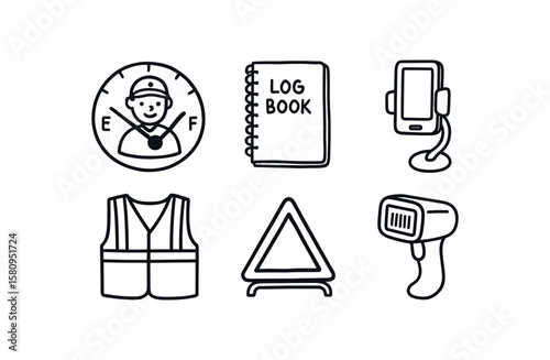hand drawn cute doodle style isolated delivery driver fuel gauge delivery driver logbook journal delivery driver mobile mount delivery driver safety vest delivery driver warning triangle