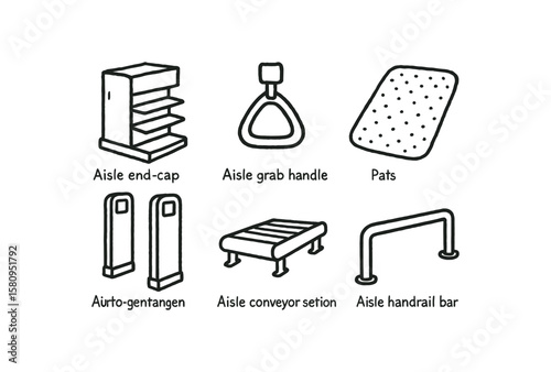 hand drawn cute doodle style isolated aisle end cap display aisle grab handle aisle walkway mat aisle scanner gate aisle conveyor section aisle handrail bar