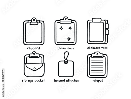 hand drawn cute doodle style isolated clipboard tension spring clipboard UV sanitizer clipboard inde tabs clipboard storage pocket clipboard lanyard attachment clipboard notepad