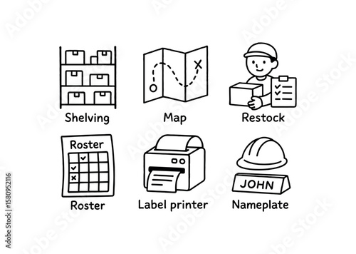 hand drawn cute doodle style isolated warehouse clerk shelving map warehouse clerk restock schedule warehouse clerk roster warehouse clerk packing label printer warehouse clerk safety