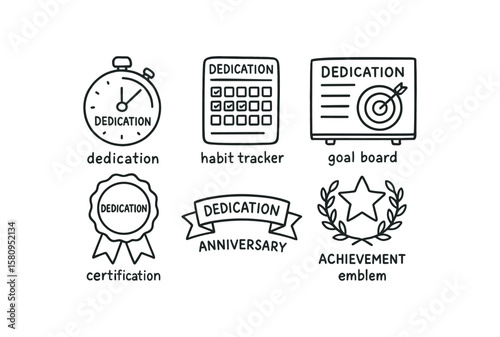 hand drawn cute doodle style isolated dedication focus timer dedication habit tracker dedication goal board dedication certification seal dedication anniversary ribbon dedication