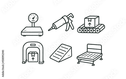 hand drawn cute doodle style isolated shipping bay load balancer shipping bay sealant dispenser shipping bay conveyor merge shipping bay scanner arch shipping bay chock wedge shipping bay
