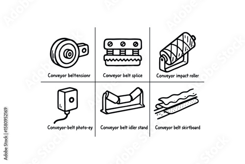 hand drawn cute doodle style isolated conveyor belt tensioner pulley conveyor belt splice kit conveyor belt impact roller conveyor belt photo eye sensor conveyor belt idler stand conveyor