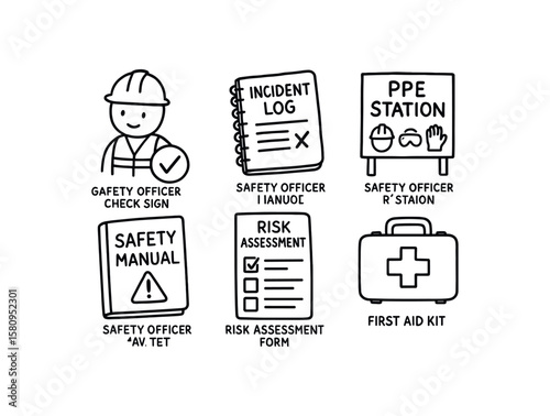 hand drawn cute doodle style isolated safety officer check sign safety officer incident log safety officer PPE station safety officer safety manual safety officer risk assessment form