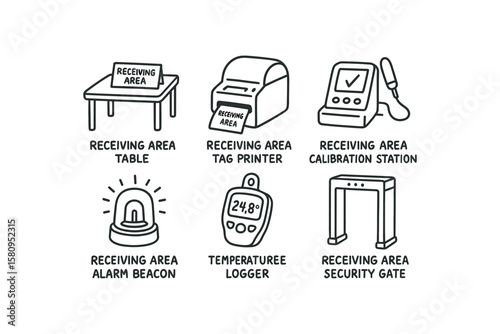 hand drawn cute doodle style isolated receiving area labeling table receiving area tag printer receiving area calibration station receiving area alarm beacon receiving area temperature