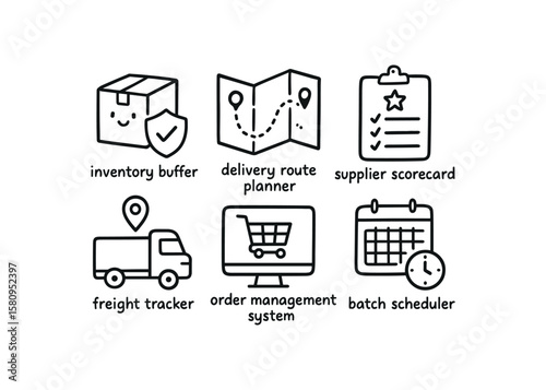 hand drawn cute doodle style isolated supply chain inventory buffer supply chain delivery route planner supply chain supplier scorecard supply chain freight tracker supply chain order