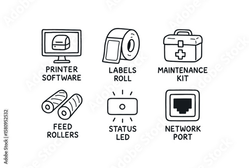 hand drawn cute doodle style isolated label printer software driver label printer adhesive labels roll label printer maintenance kit label printer feed rollers label printer status LED