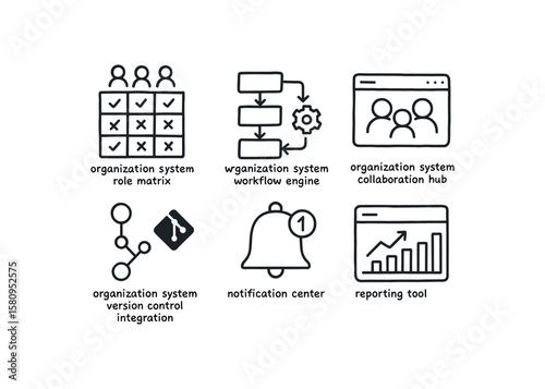hand drawn cute doodle style isolated organization system role matri organization system workflow engine organization system collaboration hub organization system version control