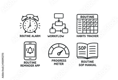 hand drawn cute doodle style isolated routine morning alarm routine workflow flowchart routine habits tracker routine reminder routine progress meter routine SOP manual