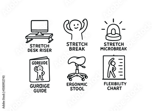 hand drawn cute doodle style isolated stretch desk riser stretch break beacon stretch microbreak bell stretch eercise guide stretch ergonomics stool stretch fleibility chart