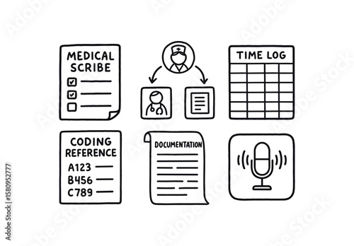 hand drawn cute doodle style isolated medical scribe note pad medical scribe workflow diagram medical scribe time log medical scribe coding reference medical scribe documentation template