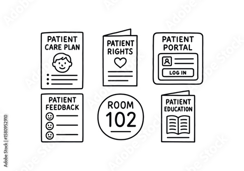 hand drawn cute doodle style isolated patient care plan template patient rights brochure patient portal login card patient feedback survey patient room number plaque patient education