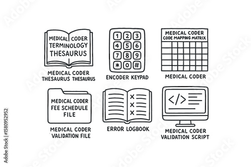 hand drawn cute doodle style isolated medical coder terminology thesaus medical coder encoder keypad medical coder code mapping matri medical coder fee schedule file medical coder error