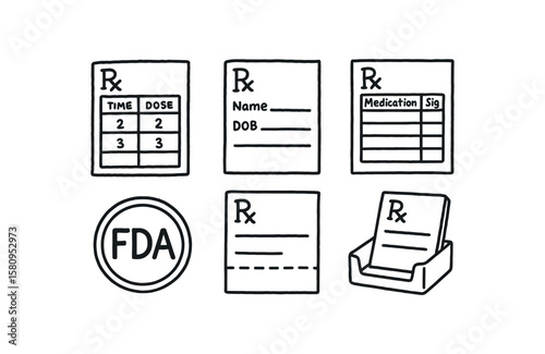 hand drawn cute doodle style isolated prescription pad dosage chart prescription pad patient info block prescription pad medication list table prescription pad FDA emblem stamp prescription