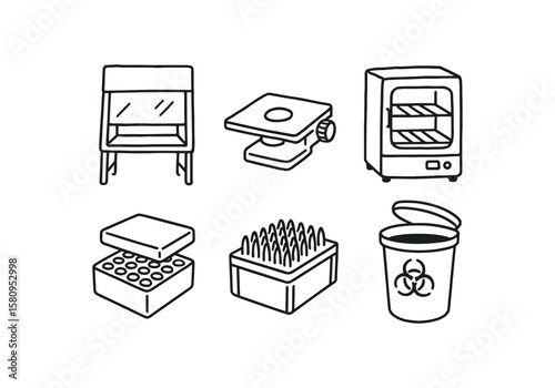 hand drawn cute doodle style isolated laboratory biosafety cabinet laboratory microscope stage laboratory incubator shelf laboratory sample storage bo laboratory pipette tip rack laboratory