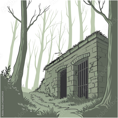 An abandoned stone structure with arched doorways and barred windows sits nestled amongst bare trees in a desolate overgrown forest clearing