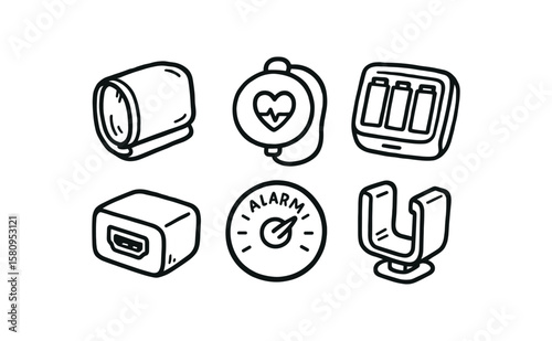 hand drawn cute doodle style isolated blood pressure monitor cuff Velcro strap blood pressure monitor heart rate sensor pad blood pressure monitor battery compartment cover blood pressure
