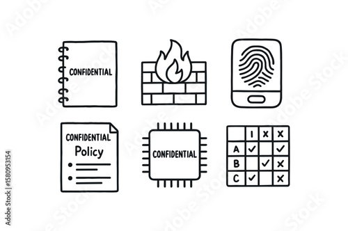 hand drawn cute doodle style isolated confidentiality NDA pad confidentiality firewall appliance confidentiality biometric scanner confidentiality policy document confidentiality secure