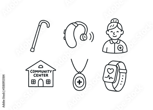 hand drawn cute doodle style isolated senior citizen walking cane senior citizen hearing aid amplifier senior citizen care coordinator senior citizen community center senior citizen alert