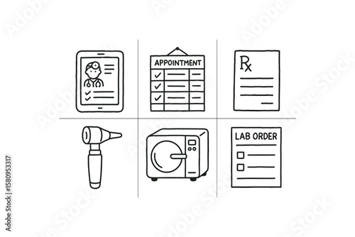 hand drawn cute doodle style isolated general practitioner EHR interface tablet general practitioner appointment schedule board general practitioner prescription pad general practitioner