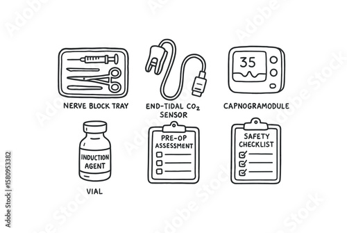 hand drawn cute doodle style isolated anesthesiologist nerve block tray anesthesiologist end tidal CO₂ sensor anesthesiologist capnography module anesthesiologist induction agent vial