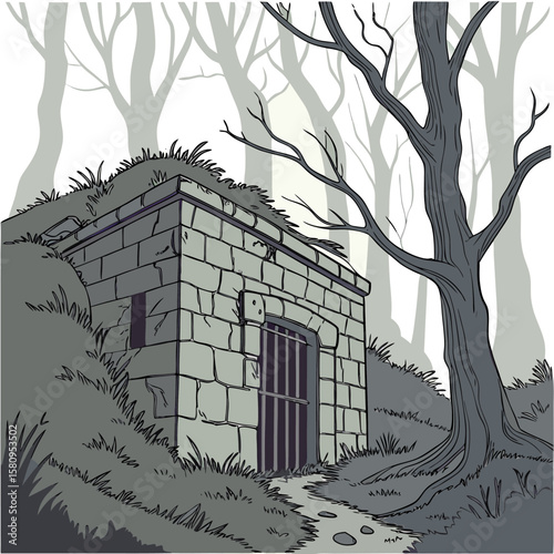 An eerie overgrown stone structure with a barred entrance is partially buried in a grassy hillside within a desolate forest setting with bare trees