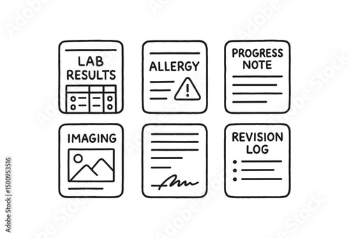 hand drawn cute doodle style isolated medical chart lab results panel medical chart allergy flag medical chart progress note medical chart imaging section medical chart signature medical