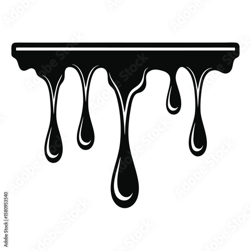 Black liquid dripping from a horizontal line drops viscous