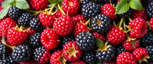 Intricate background of interwoven red and black raspberries, juicy, berries