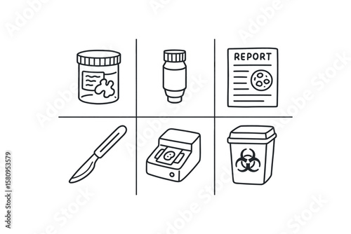 hand drawn cute doodle style isolated pathologist specimen jar pathologist microscope lens pathologist pathology report pathologist histology knife pathologist slide scanner pathologist