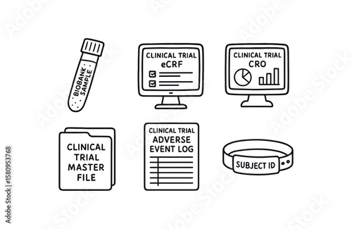 hand drawn cute doodle style isolated clinical trial biobank sample tube clinical trial eCRF software portal clinical trial CRO oversight dashboard clinical trial trial master file clinical