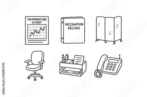 hand drawn cute doodle style isolated health office temperature chart health office vaccination record binder health office privacy screen panel health office ergonomic chair health office