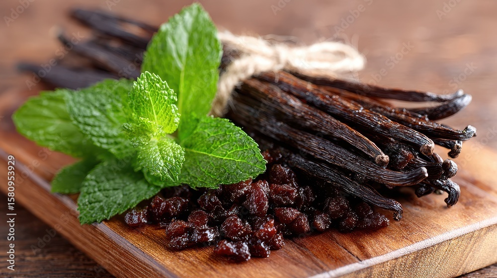 Fototapeta premium Vanilla Beans with Mint Leaves and Dried Cranberries