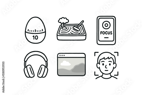 hand drawn cute doodle style isolated focus workspace timer focus zen garden tray focus concentration focus noise canceling headphones focus focus gaze tracker