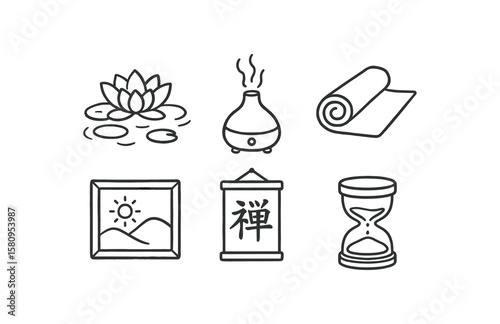 hand drawn cute doodle style isolated lotus flower pond aroma diffuser yoga mat calming painting Zen calligraphy scroll relaation timer