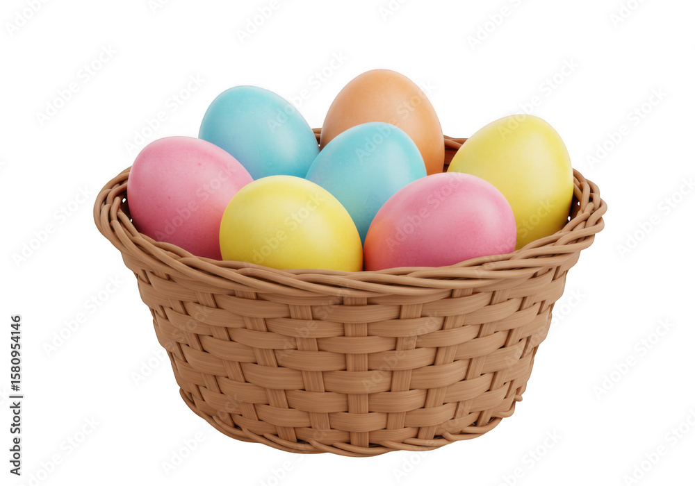 Naklejka premium Woven basket filled with colorful easter eggs isolated on transparent background