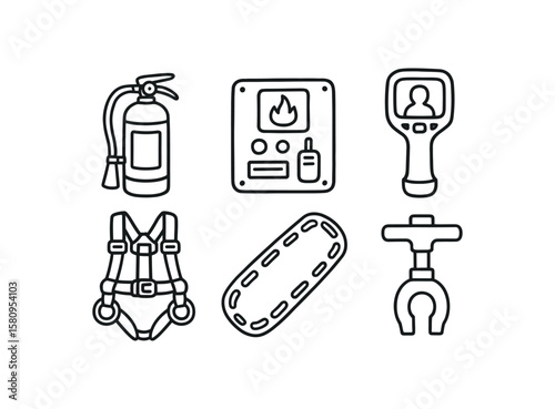 hand drawn cute doodle style isolated firefighter fire etinguisher panel firefighter thermal imaging camera firefighter radio handset firefighter safety harness firefighter rescue stretcher