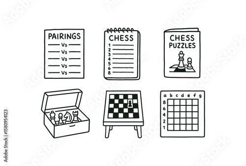 hand drawn cute doodle style isolated playing chess tournament pairings chart playing chess notation pad playing chess puzzle booklet playing chess piece storage bo playing chess endgame