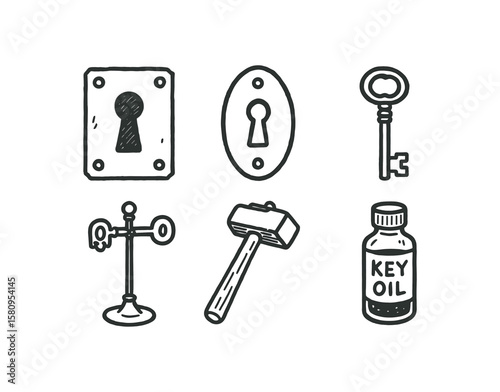 hand drawn cute doodle style isolated old key antique lock plate old key keyhole cover old key wt iron design old key display stand old key forging hammer old key corrosion inhibitor vial