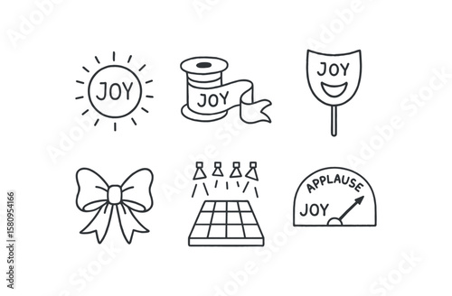 hand drawn cute doodle style isolated joy laughter echo chamber joy ribbon streamer spool joy smile mask prop joy gift ribbon bow joy dance floor s joy applause meter gauge