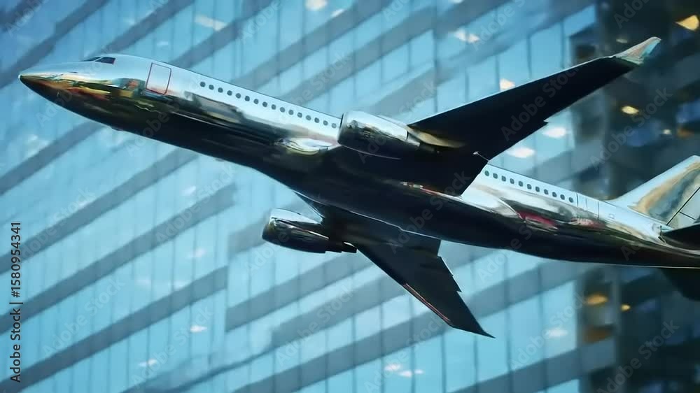 Shiny metal airplane in front of a modern city skyscraper