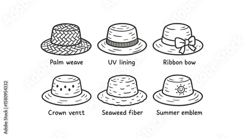 hand drawn cute doodle style isolated straw hat palm weave pattern straw hat UV lining straw hat ribbon bow straw hat crown vent straw hat seaweed fiber straw hat summer emblem