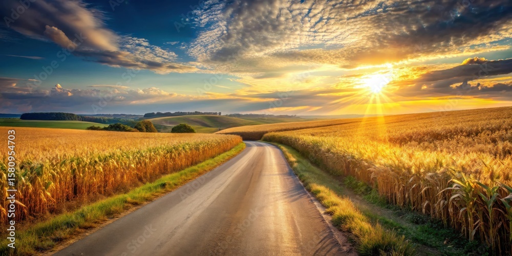 Naklejka premium Golden Hour Country Road Winding Through Ripe Fields of Grain at Sunset